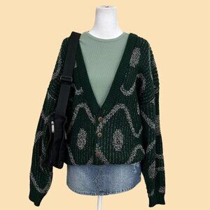 green abstract vintage 80s acrylic cardigan sweater cozy indie teacher grandpa